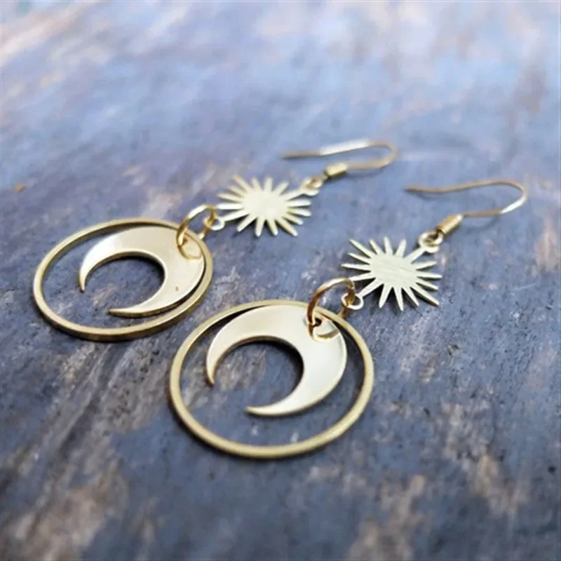 Star Sun and Moon Universe Earrings Long Magical Crescent Dangle Witch Hippie BOHO Made From Raw Brass Witch Jewelry Fashion