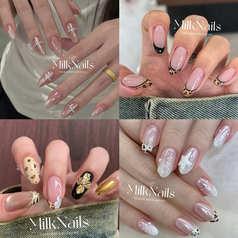 

10Pcs Kawaii Handmande Short Ellipse French Leopard Print Full Cover Nails Polka Point Pearl Flowers Diamond Stars Press On Nail