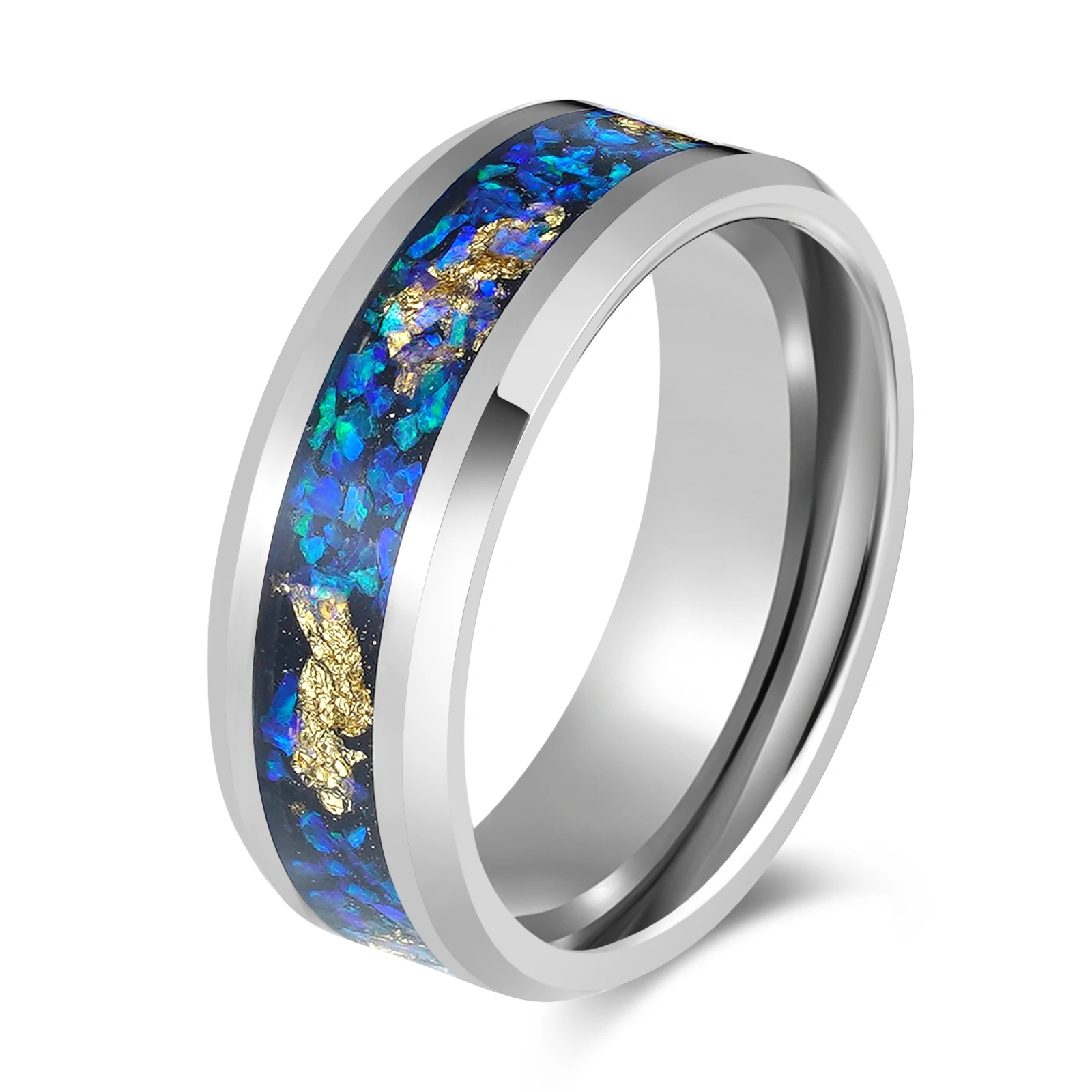 POYA  Tungsten Carbide Ring 8mm Sliver with Gold Leaf Inlay