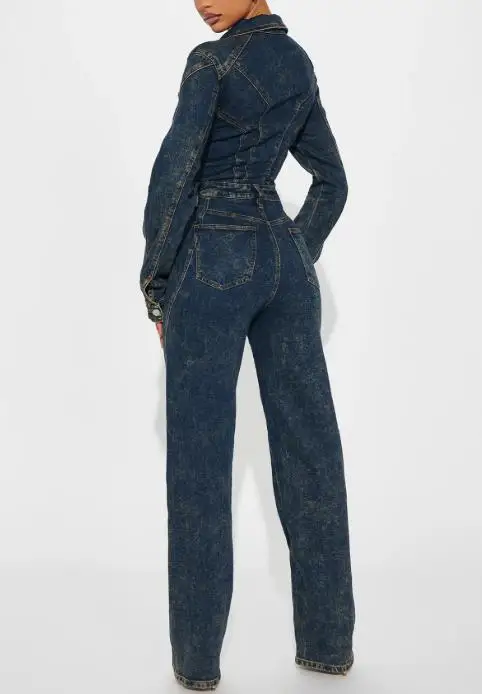 

2025 Autumn Vintage Vintage Dark Blue Lapel Denim Jumpsuit for Women, Fashionable and Personalized High Waisted Denim Jumpsuit