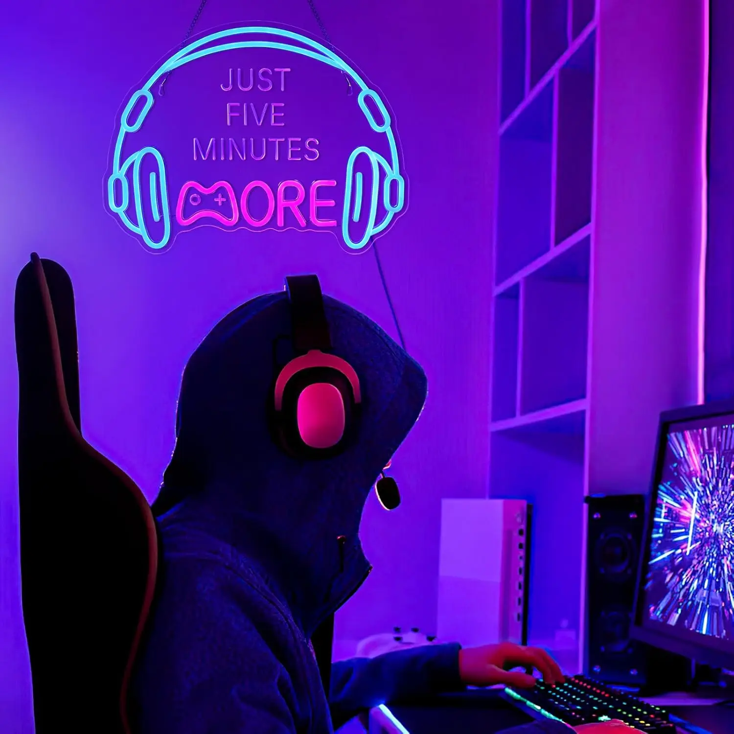 Just Five Minutes More Neon Signs Wall Decor Headset Gamer Headphone LED Light Game Zone Boy Man Room Birthday Christmas Gift