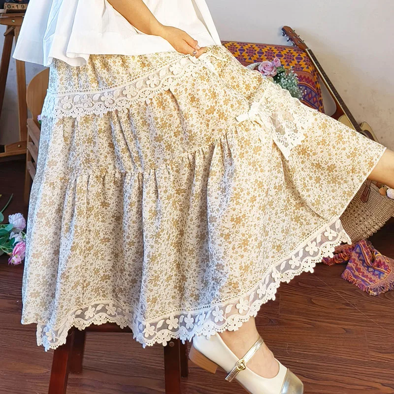 

New Mori Girl Small Floral Fairy Skirt Women Clothing Artistic Retro Mid-length Half-length Female Kawaii Princess Skirts A027