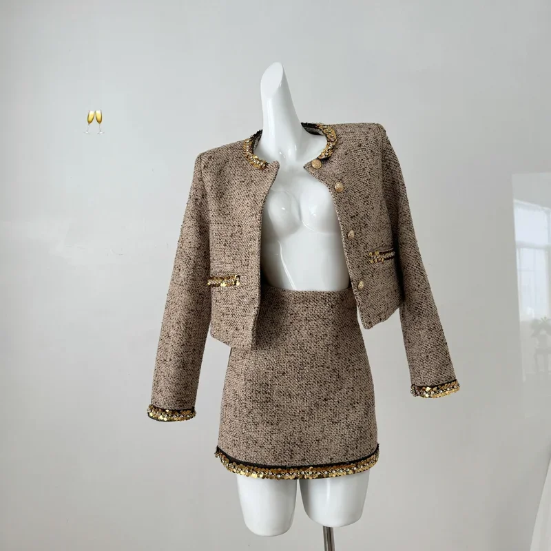 

Women Small Fragrance O Neck Sequined Coat+mini Skirt Set Autumn Fashion Office Party Office Tweed Chic Lady Two-piece Suit