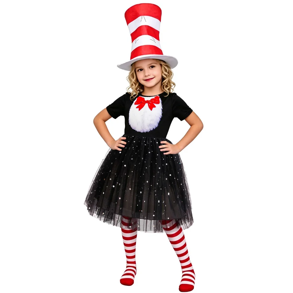 Kinder-Katzenkostüm mit Hut, Pailletten-Netz-Prinzessinnenkleid, Kinder-Bühnenkostüm, Mädchen-Halloween-Karneval-Partykleid – Detail 11