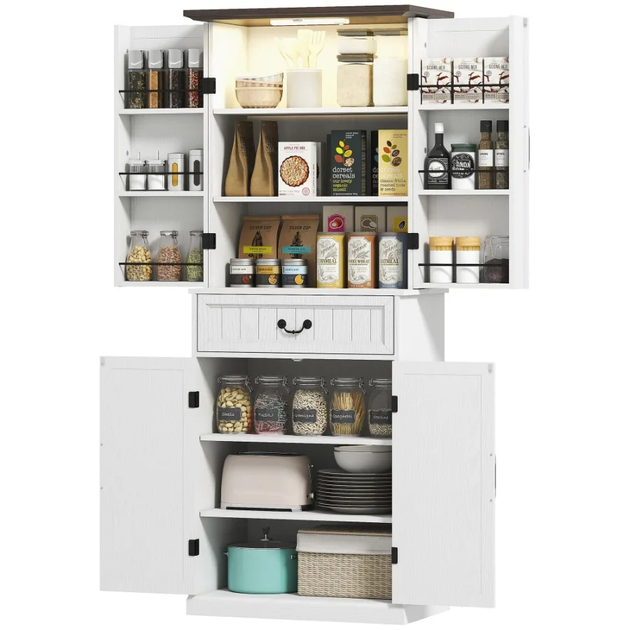 

HOMCOM 71 LED Kitchen Pantry Cabinet Farmhouse Storage Cabinet with Door Shelves Distressed White