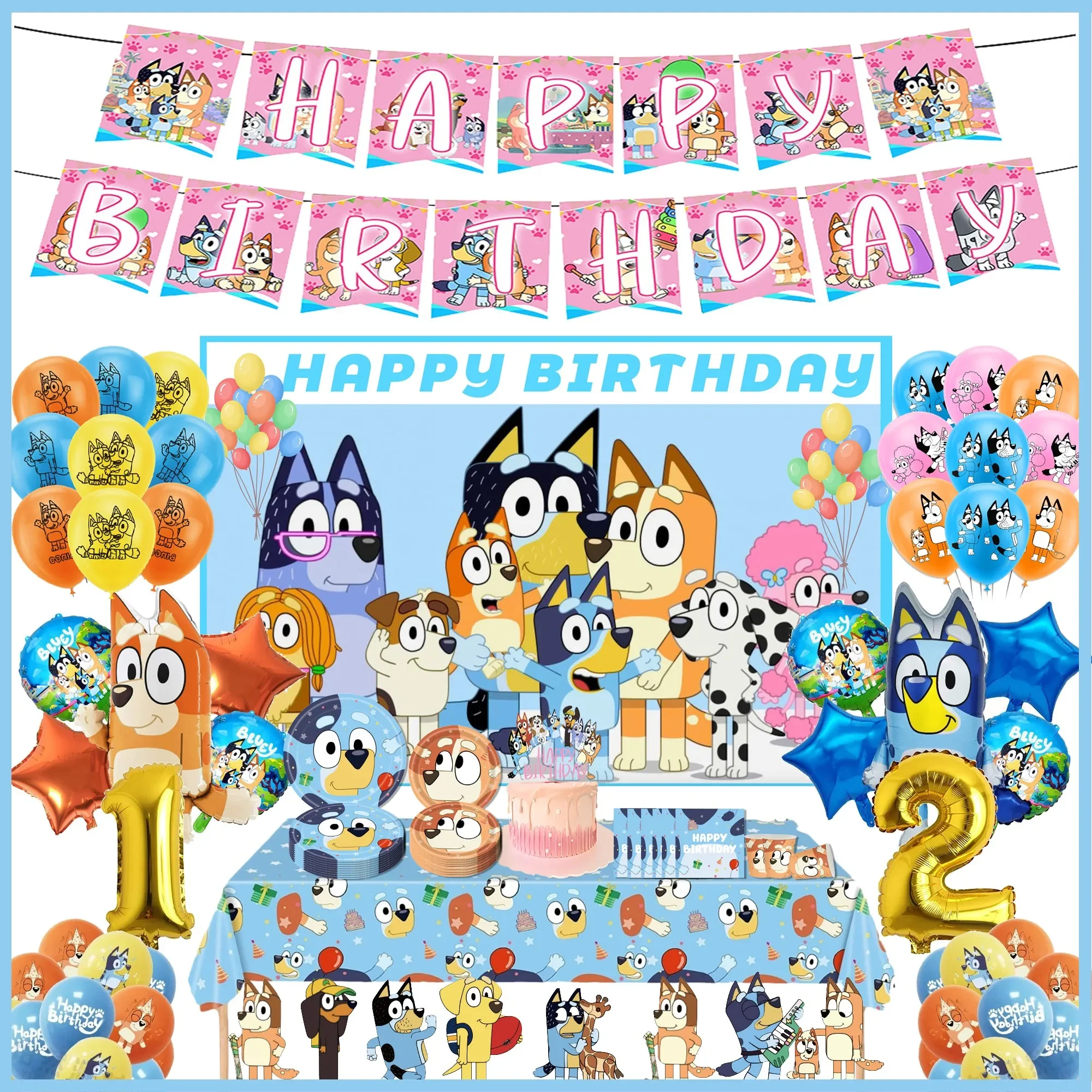 Bluey familia perro bonito plato de cubiertos para fiesta de cumpleaños cartel desechable pastel Topper colgante bandera globos conjunto decoraciones de cumpleaños