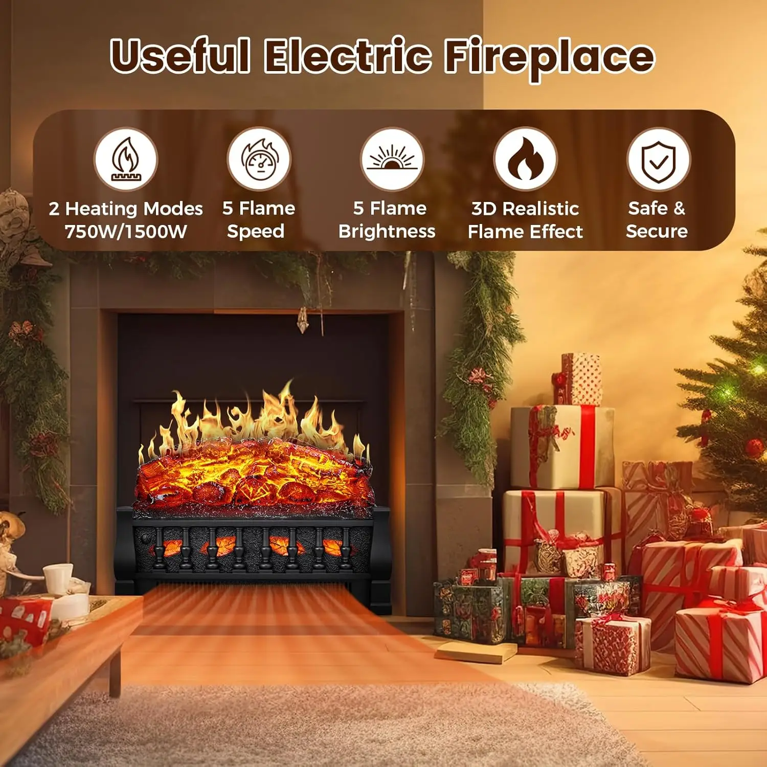 Electric Fireplace Insert Log Heater Set, Freestanding Heater with Adjustable Flame Brightness and Flicker Speed