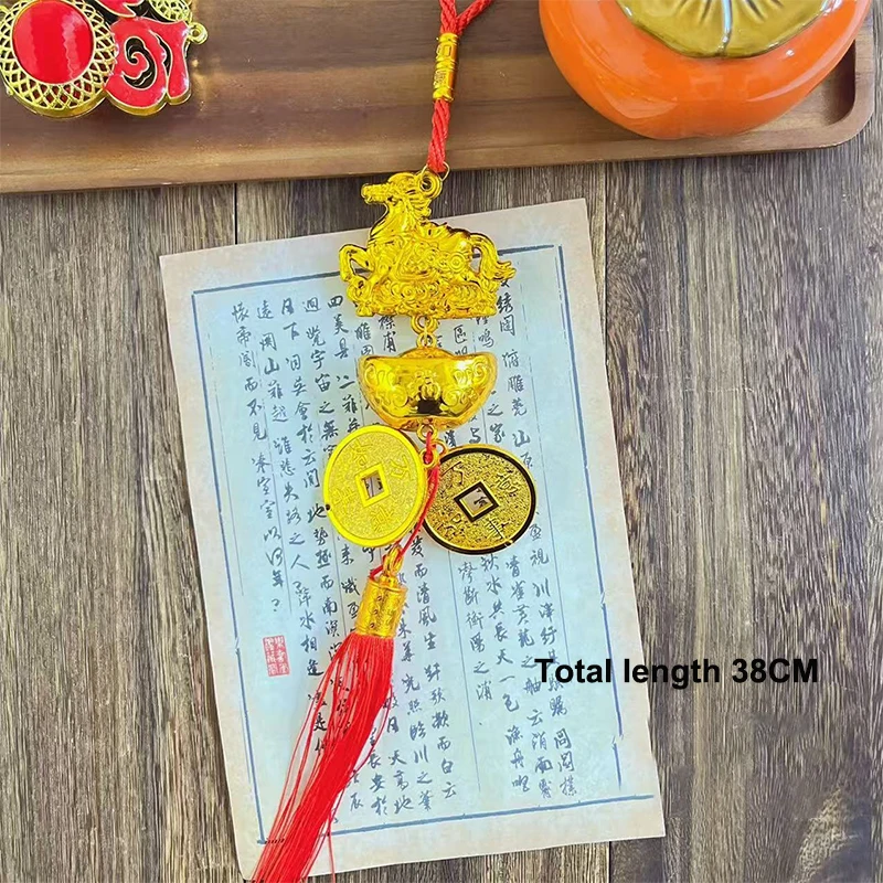 {MX} Gold Plated Horse Zodiac Pendant With Lucky Coin Chinese New Year Ornament Green Plant Potted Hanging Charm Lucky Gift