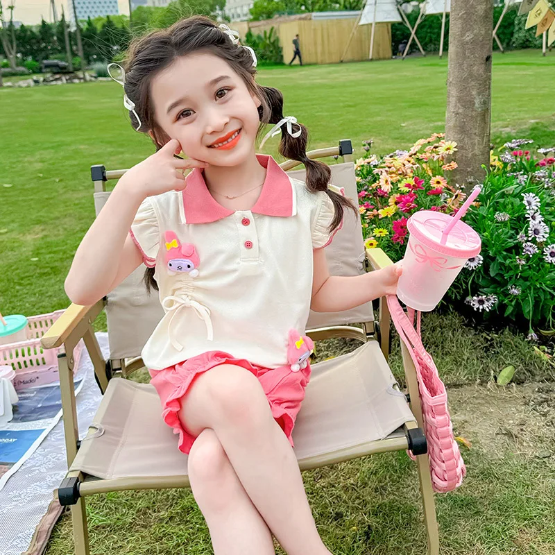 

2024 My Melody Girls Flying Sleeve Tops Shorts Kawaii Sanrio Anime Kuromi Cartoon Summer Sweet Cute Children Clothing Kid Gift