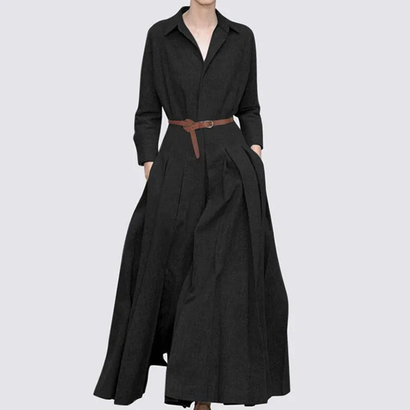 L-5XL 2022 Mới Đồng Màu Đầm Ve Áo Khoác Thu Xuân Thu Beltless Rời Plus Kích Thước Linen Dress Coa Đầm Dự Tiệc