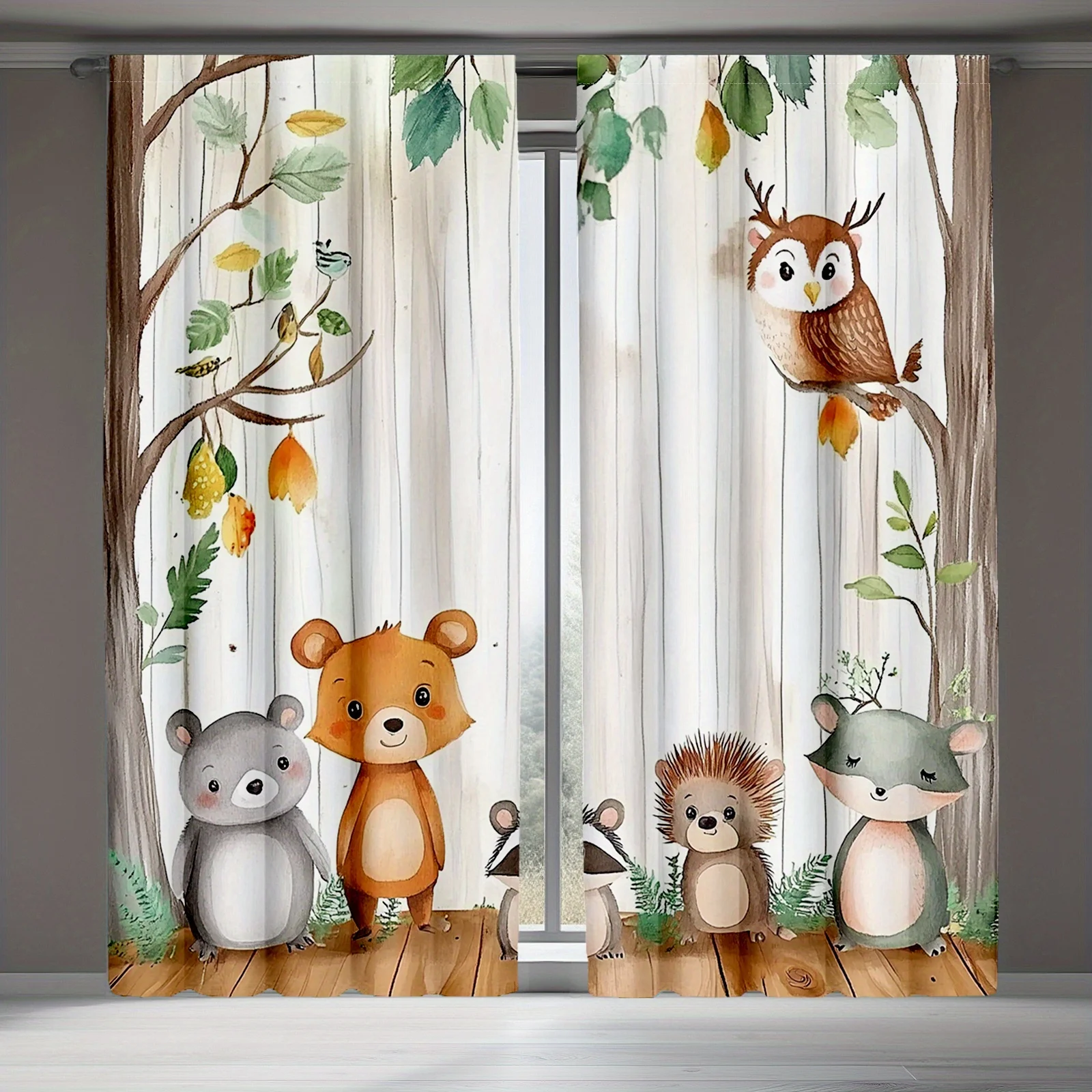 2pc watercolor forest animal window curtain with cute bear owl hedgehog and mouse under trees for kids room decor woodland style
