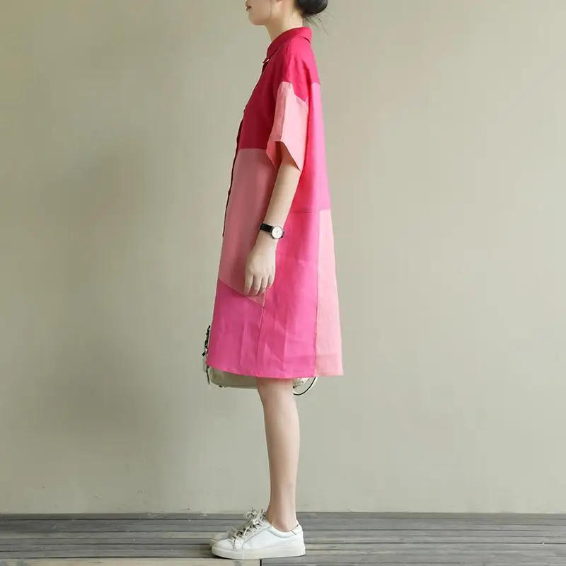 

Artistic Loose Fit Color Blo Cotton Linen irt ort Sve Dr for plus Size Women Collar Button Detail Midi Dr