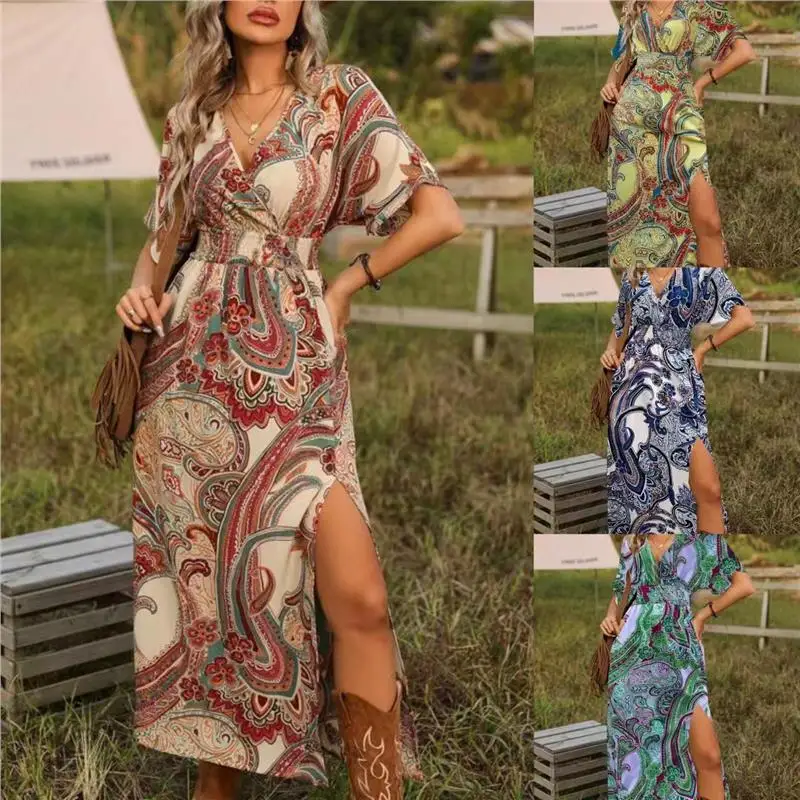 

n Принт Сплит V-Ne Свободный крой Макси Dr Осенняя мода Новый Sle Трансграничный женский Dr в пять четвертей Све