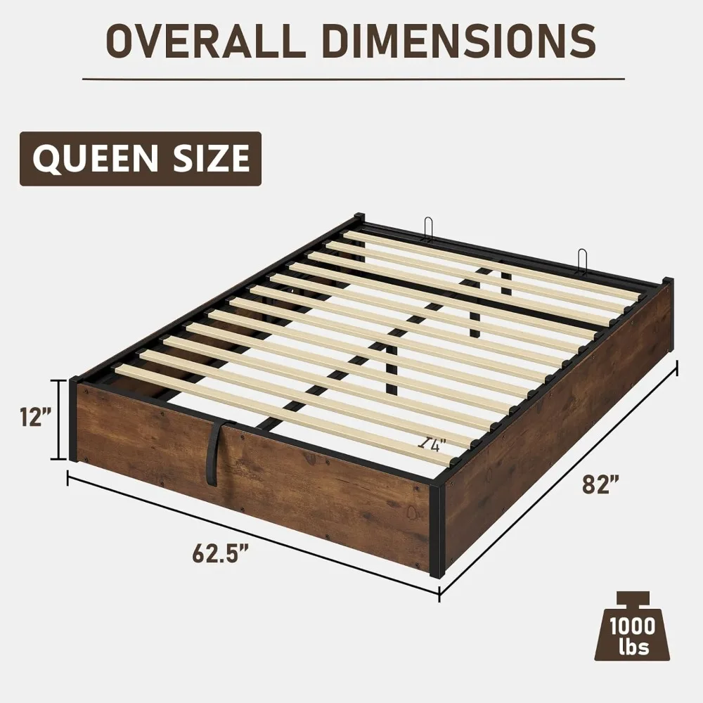 Queen Size Lift Up Storage Platform Bed Frame, Metal Bed Frame with Wooden Slats Support, No Box Spring Needed, Large Storage Sp