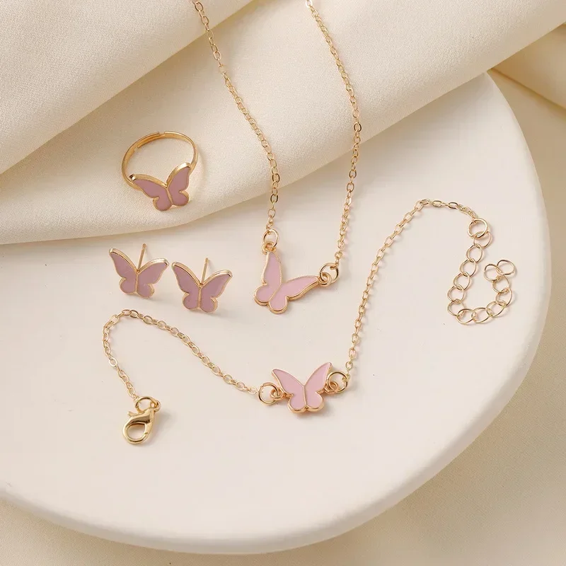 5Pcs/Set Fashion Butterfly Pendant Necklace Earrings Ring Bracelet Set For Women Engagement Wedding Jewelry Set Anniversary Gift