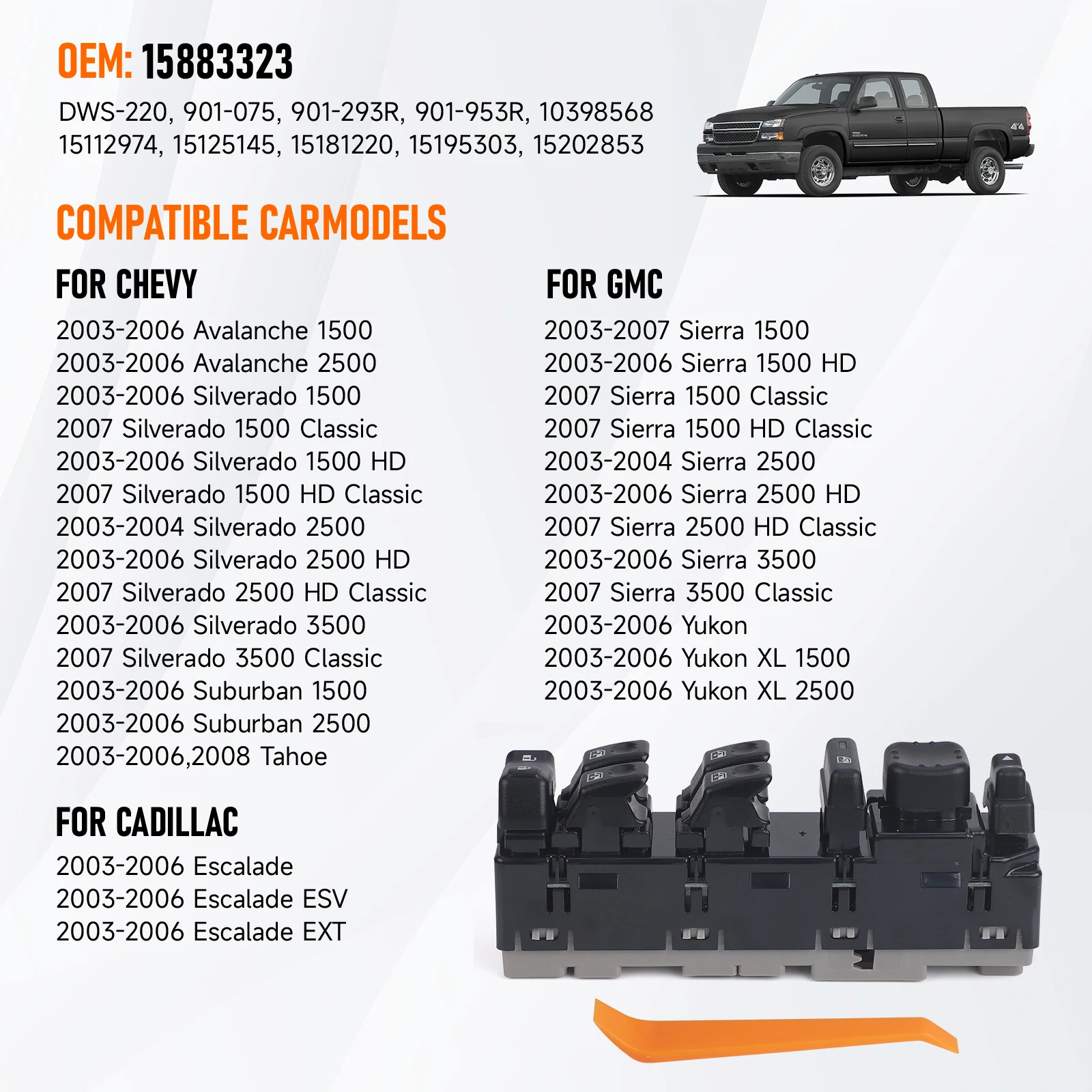 OE 15883323 15181220 Fensterheber-Schalter für 2003-2007 Chevy GMC Cadillac Fahrerseitiger Hauptfensterheber-Schalter – Detail 5