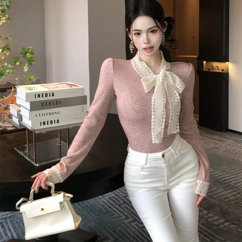 Women's 2026 Summer Tweed Bow Tie Long Sleeve Top Slim Fit Elegant Coquette Korean Chic Versatile Sweet Going Out Trendy view 5