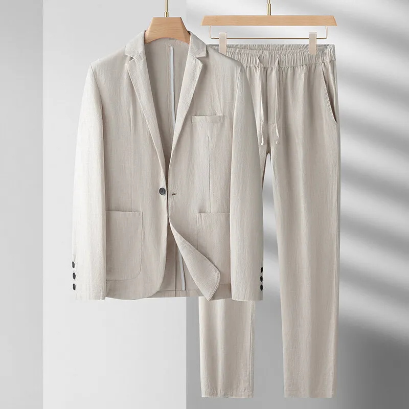 

2025 Spring And Summer New Men's Linen Suit Set Light Luxury Thin Casual Cotton Linen Suit Two Piece Set High Quality Fabric