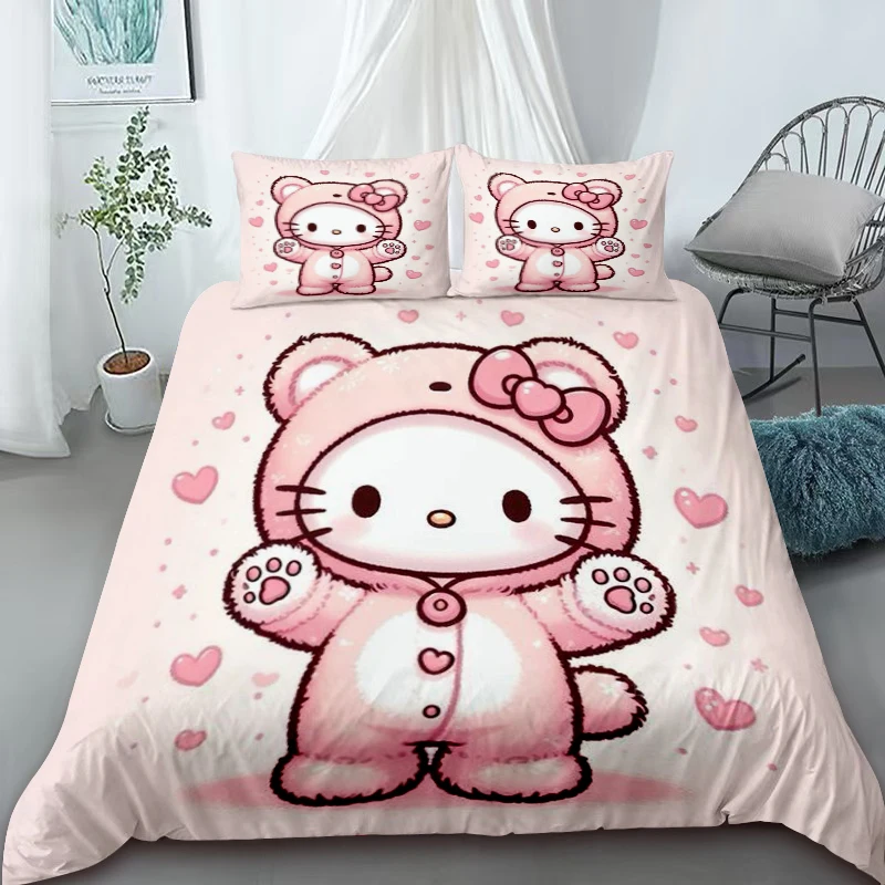 Ensemble de literie Hello Kitty Cartoon pour enfants, housse de couette confortable, housse de luxe pour chambre à coucher, cadeau de décoration, Hello Kitty, Double Queen Size