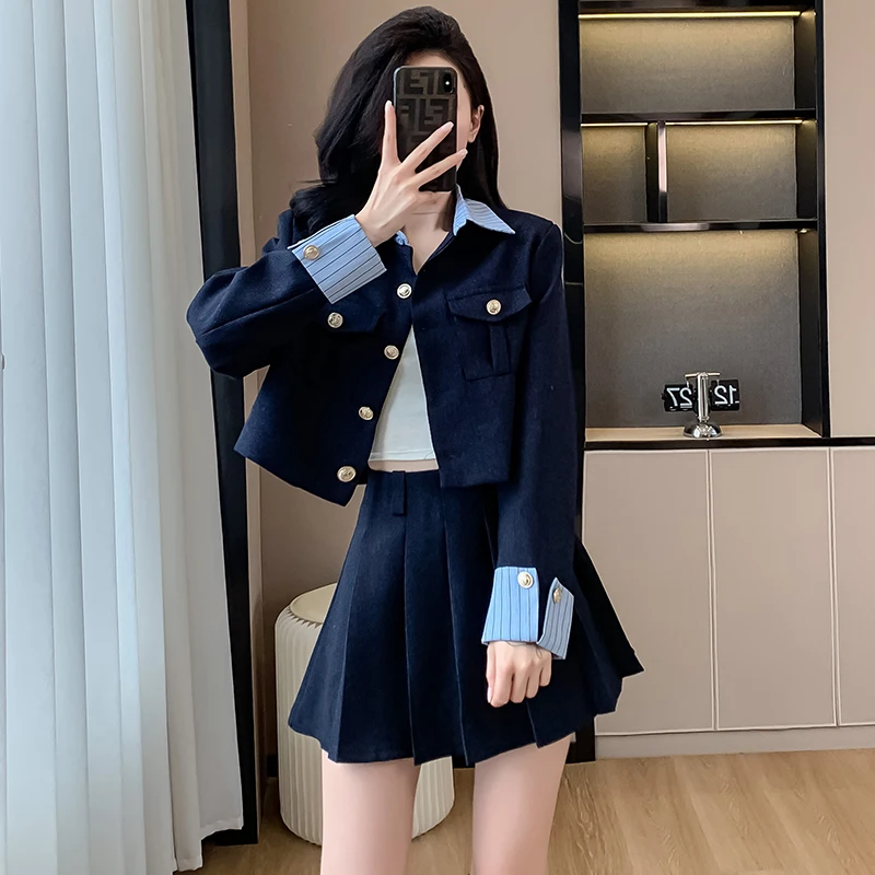 Small Fragrant Tweed Crop Top Two Piece Set Women Bowknot Short Jacket + High waist Mini Pleated Skirt Suits Streetwear Suits