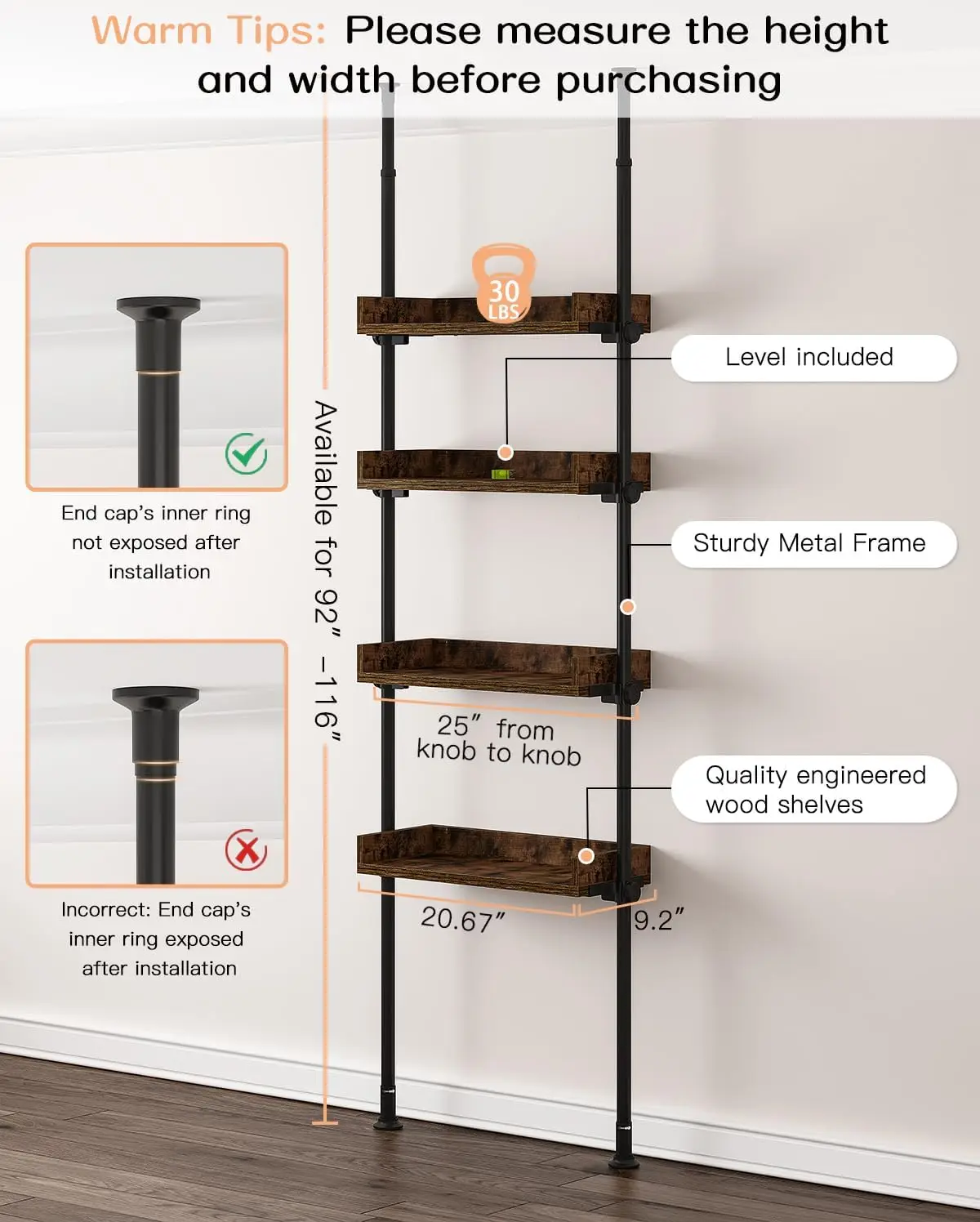 Bathroom Organizer, Over The Toilet Storage, 4-Tier Adjustable Wood Shelves for Small Rooms, Saver Space Rack, 92 to 116 Inch Ta