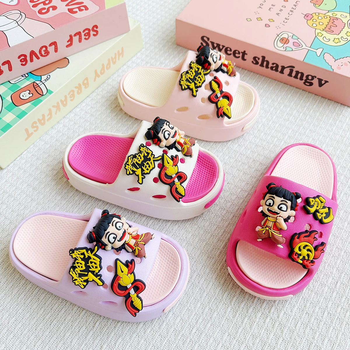 New Popular Cartoon Dual Nezha Versatile Girls' Eva Slippers Fashionable Dual-Color Soft-Soled Non-Slip Sandals 831