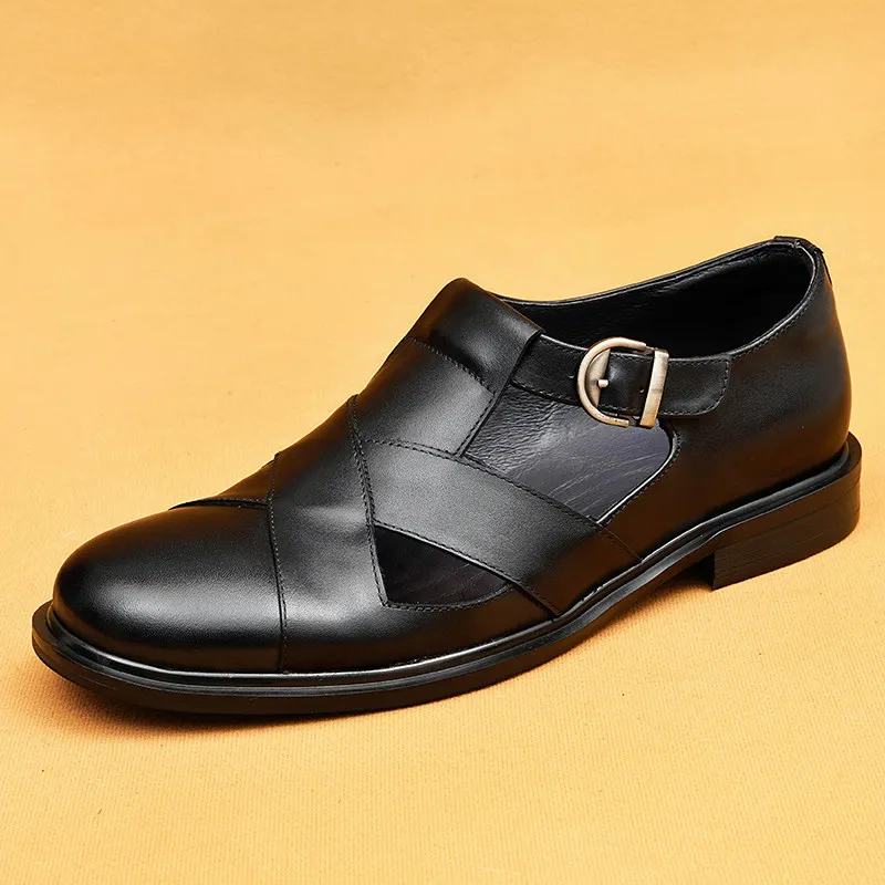 

Pigcage Shoes British Leather Shoes Men's New Vintage Roman Shoes Flat Toe Sandals Men's Summer Men's Sandals
