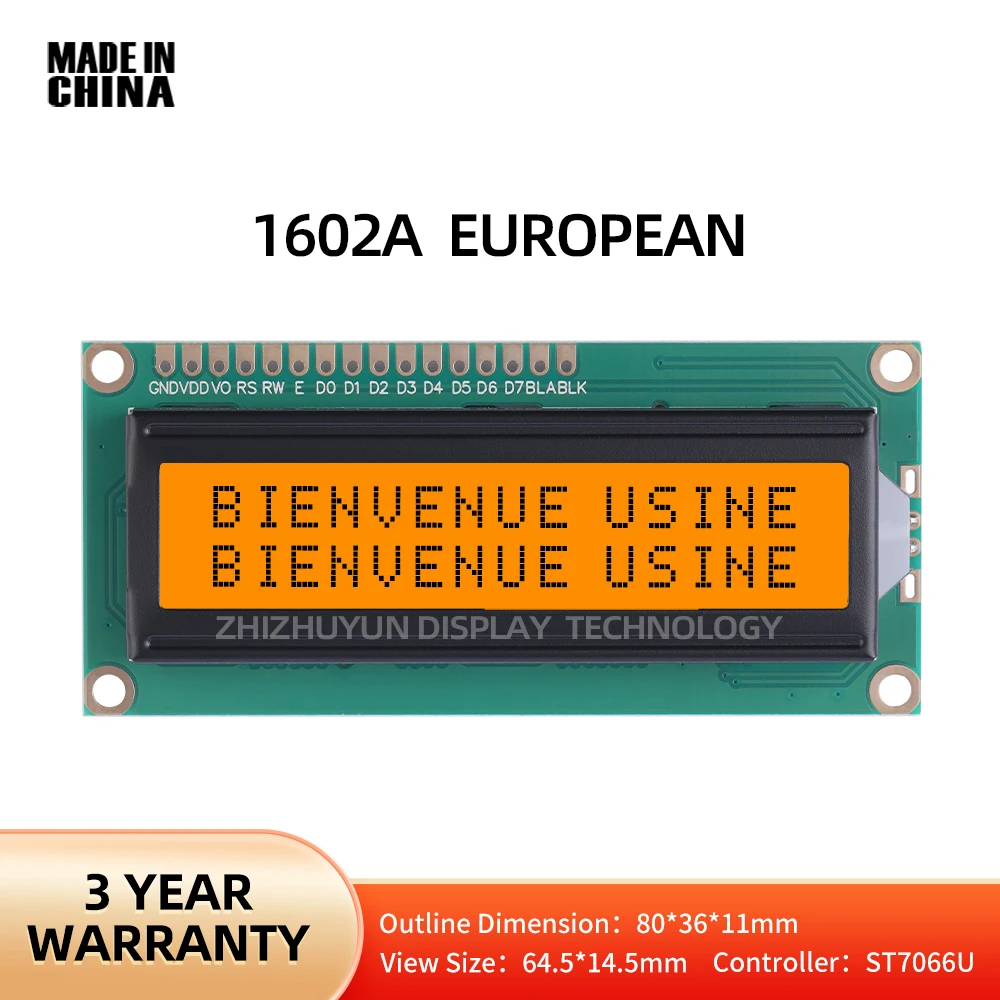 LCD 1602A schermo a caratteri europei pellicola arancione grigio chiaro da 1.5 pollici modulo LCM parola nera schermo a caratteri multipli