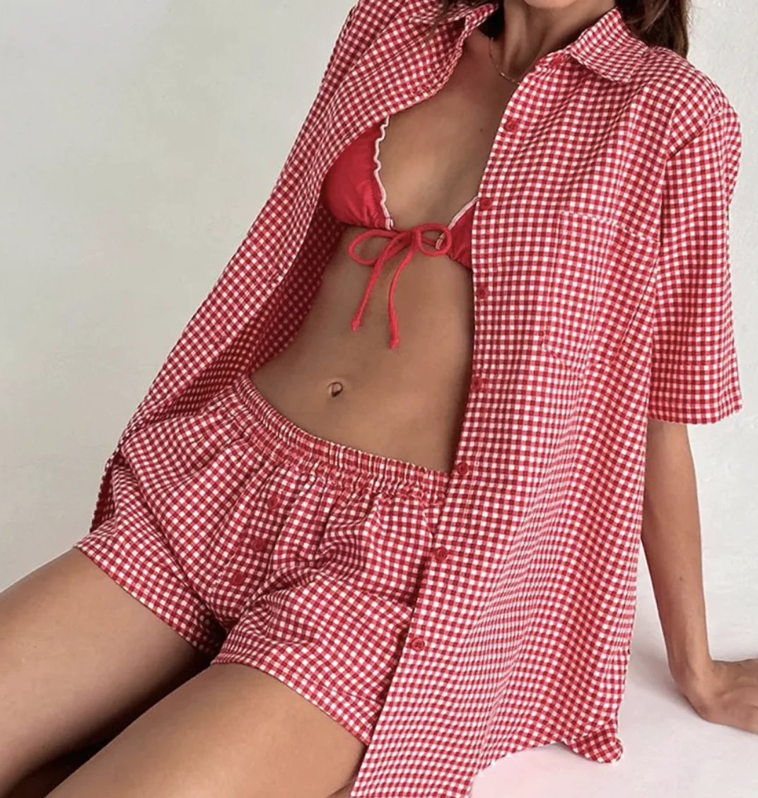 Fashion 2024 Plaid Elegant Short Sleeve Cropped Tie Shirt With High Waist Shorts Casual Outfits 2 Pieces Set For Women