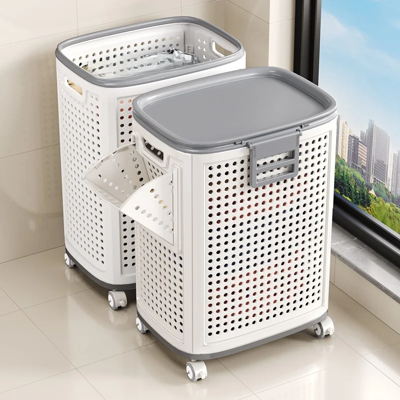 Large Capacity Laundry Hamper Floor Standing with Wheels for Balcony Home Use Dirty Clothes Basket Bathroom Storage Caddy