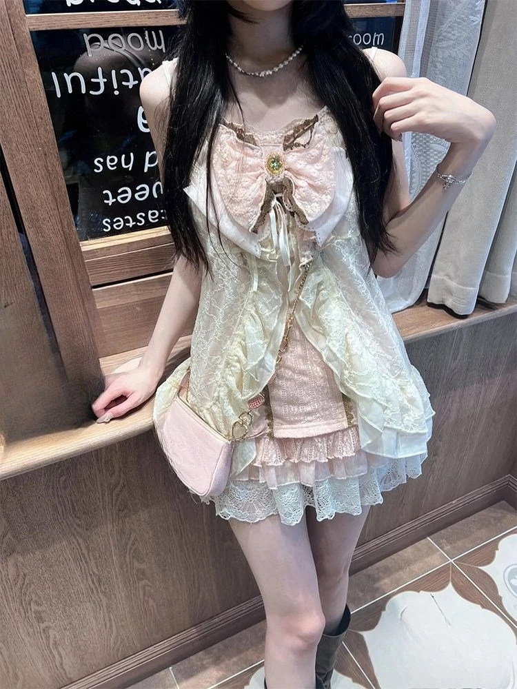 Cute Y2K Lolita 3 Piece Set Women Japanese Lace Cardigan Casual Vest High Waist Y2k Mini Skirt Lolita Fashion Suit view 3