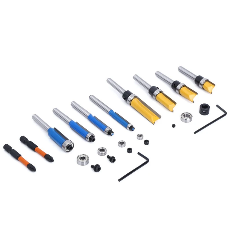 Brocas de enrutador de 10 piezas, que incluyen 4 brocas de enrutador de ajuste al ras vástago 1/4, brocas de enrutador de ajuste al ras de 4 patrones con 2 brocas de impacto y