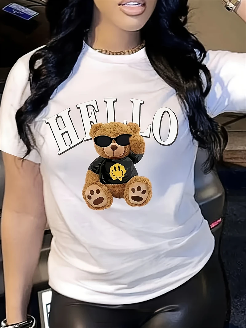 Cartoon Bear Print T-Shirt, Casual Crew Neck Short Sleeve Top For Spring & Summer, Women\'s Clothing t shirt