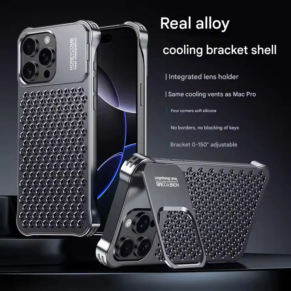 Metal Aluminium Hollow Cooling Case For iPhone 18 Pro Max 14 15 16 17 promax 13 Pro Max Anti-scratch Shockproof Stand Cover