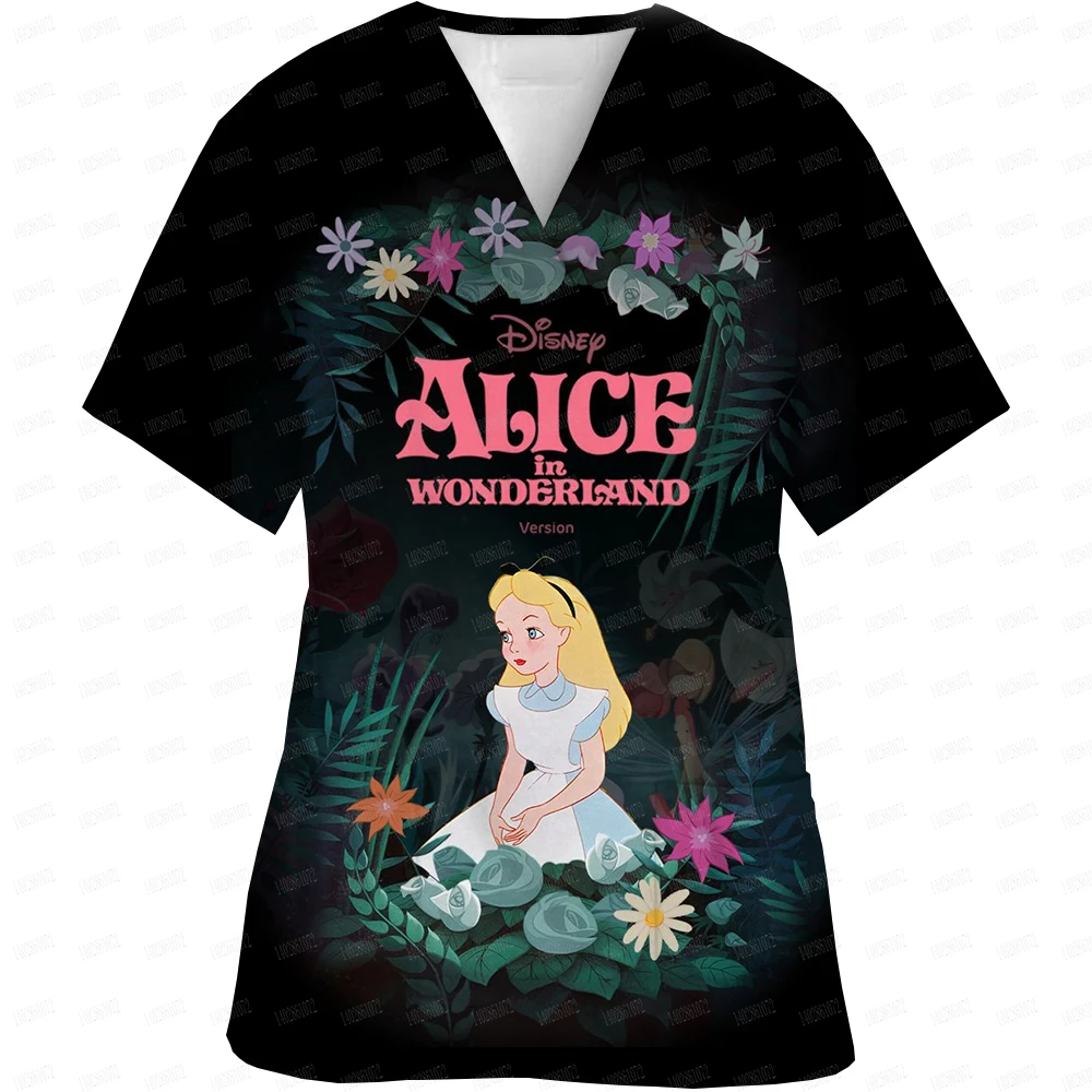 Nurse Uniforms Disney Alice Princess Print V-neck Scrubs Working Medical Blouse Overalls Uniforms Medical Nursing Spa Pet Dentis