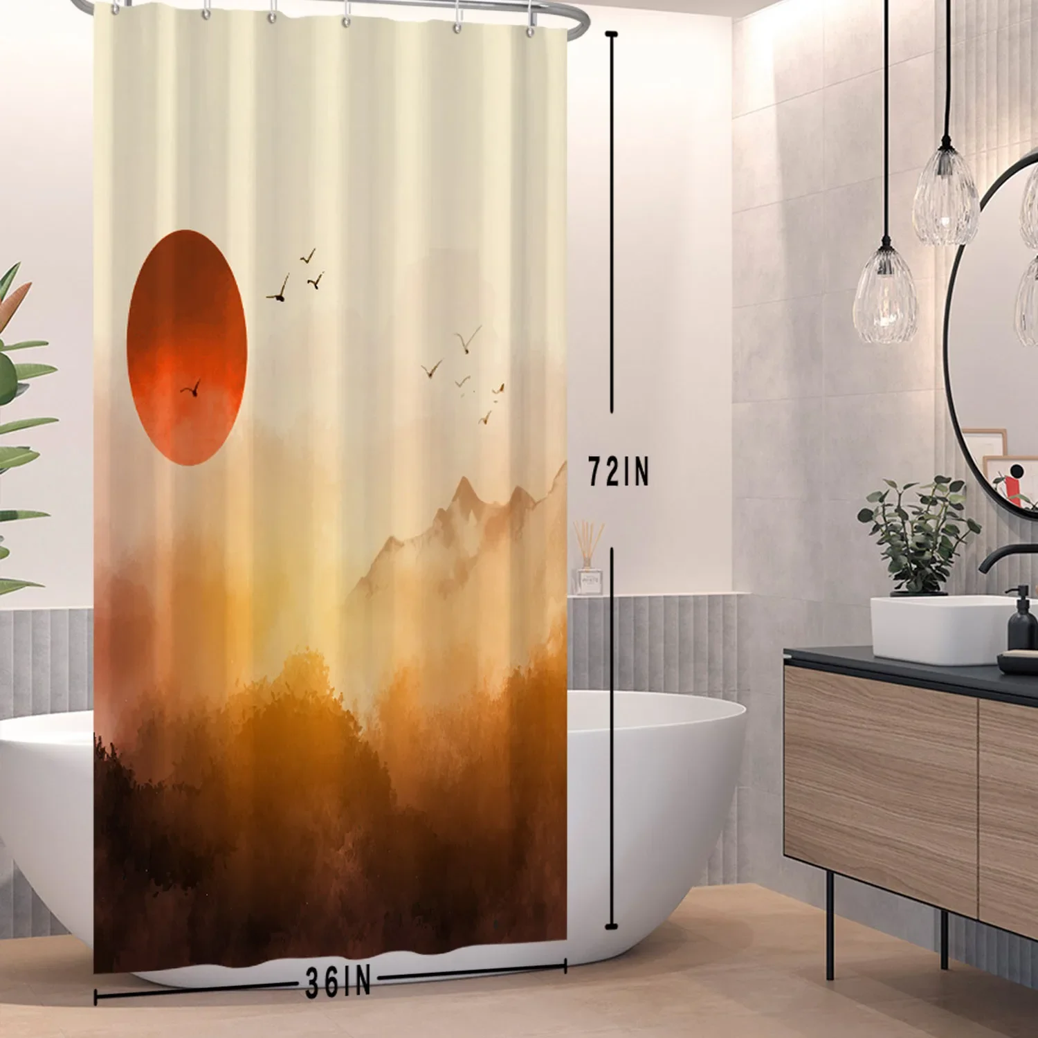 Japanese-style Sun Shower Curtain Sunset Landscape Fabric Bathroom Bath Curtains Partition Waterproof Bathtub Screen with Hooks