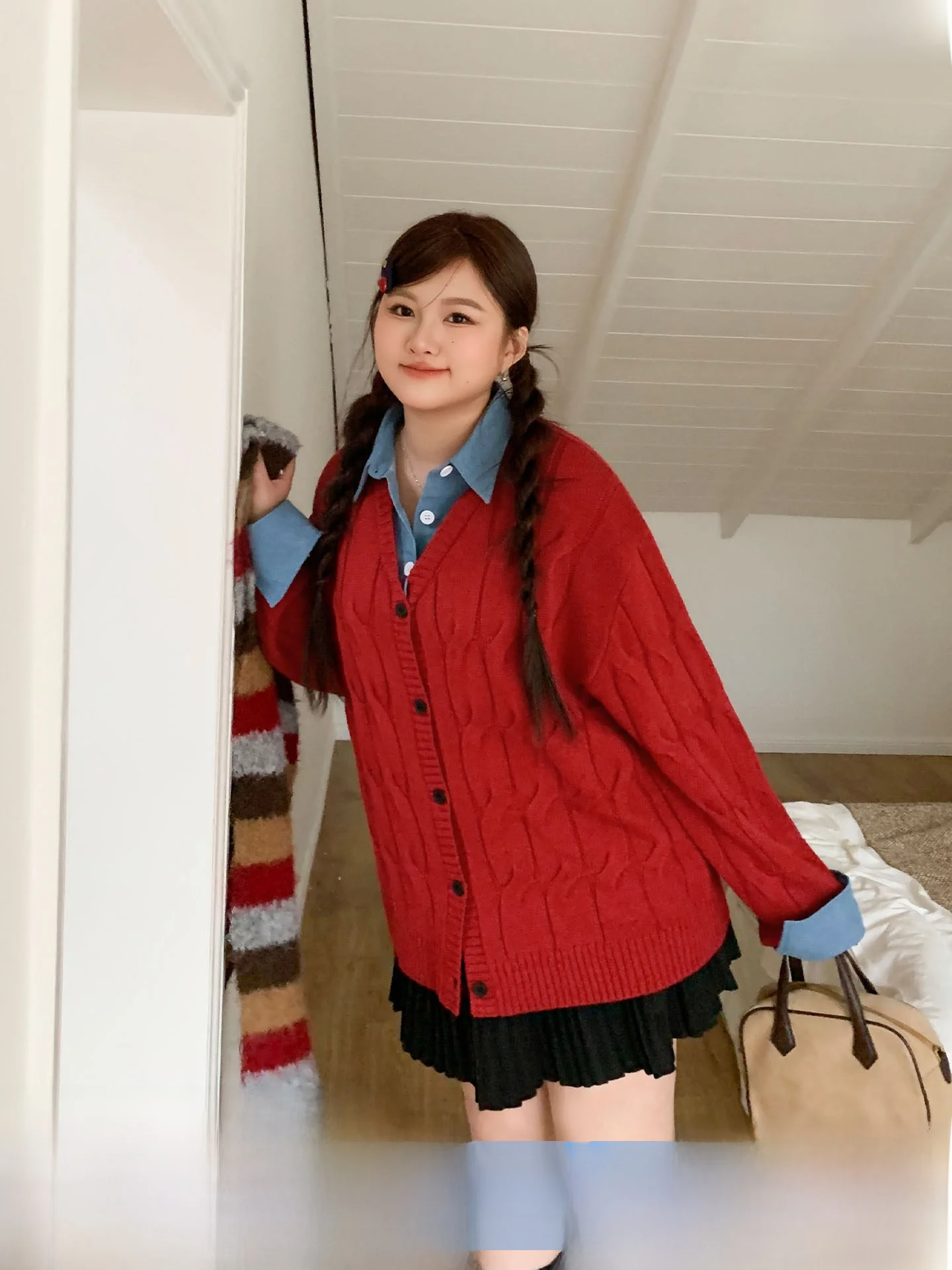 

YuZi Knitted Open Cardigan Sweet Loose Fit New Year Red Shirt Collar Sweater Large Size Women's Fashion Autumn Winter Outerwear
