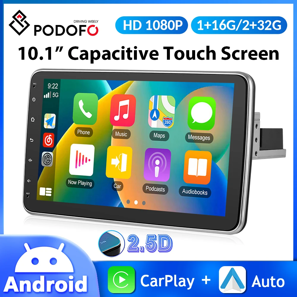 Podofo 10'' Android Car Radio 1Din Vertical Screen Multimedia Video Player Carplay Android Auto Rotation Universal Autoradio