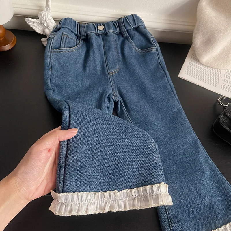 Girl Pants 2023 New Autumn Winter Korean Fashion Style Fleece Thick Bell Bottomed Pants Baby Girl Solid Lace Jeans Kids Clothes