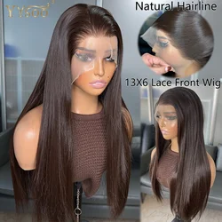 6Inch Deep Part Long 4# Brown 13x6 Silky Straight Futura Synthetic Lace Front Wig Glueless Half Hand Tied Wigs for Black Women