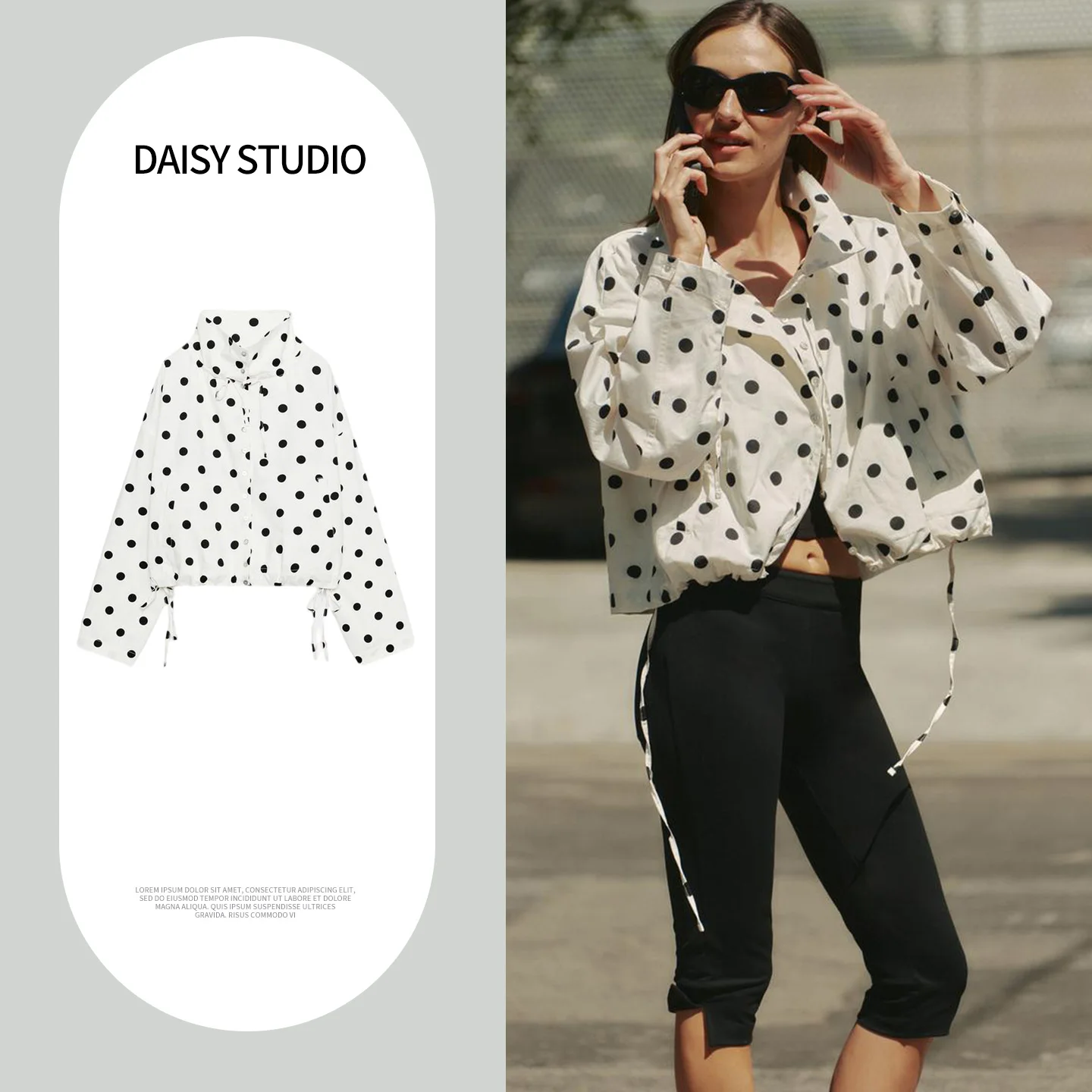 

Spring Summer New Arrival Women's Commuter Style Long Sleeve High Collar Bow Tie Hem Polka Dot Short Coat Loose Fit Polyester...