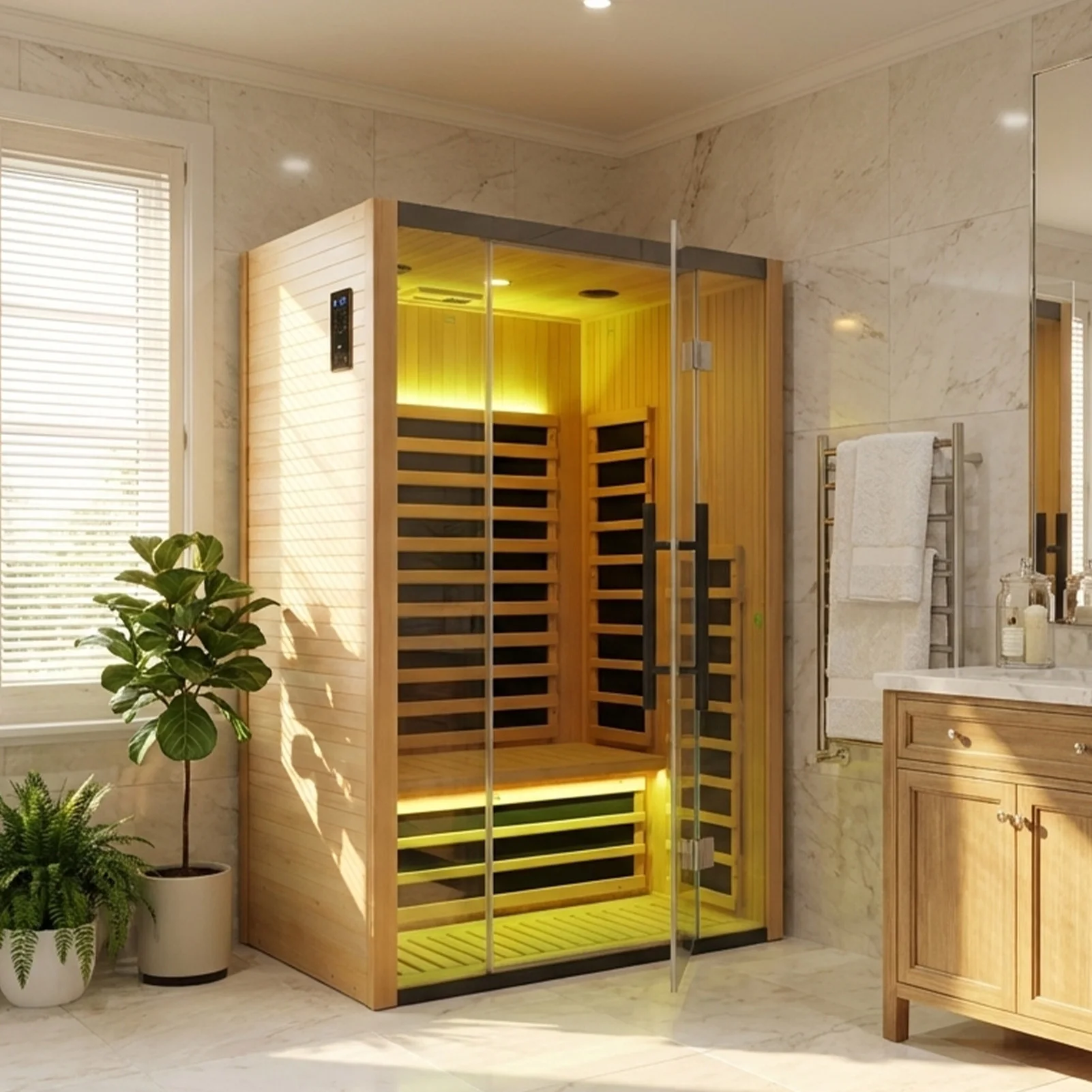 Home Infrared Sauna Room 1 Person Wooden Canadian Hemlock 1260W Low Magnetic Graphene Carbon Plate Heater Indoor Saunas (2-3 Person 47.24 * 41.34 * 74.8in)