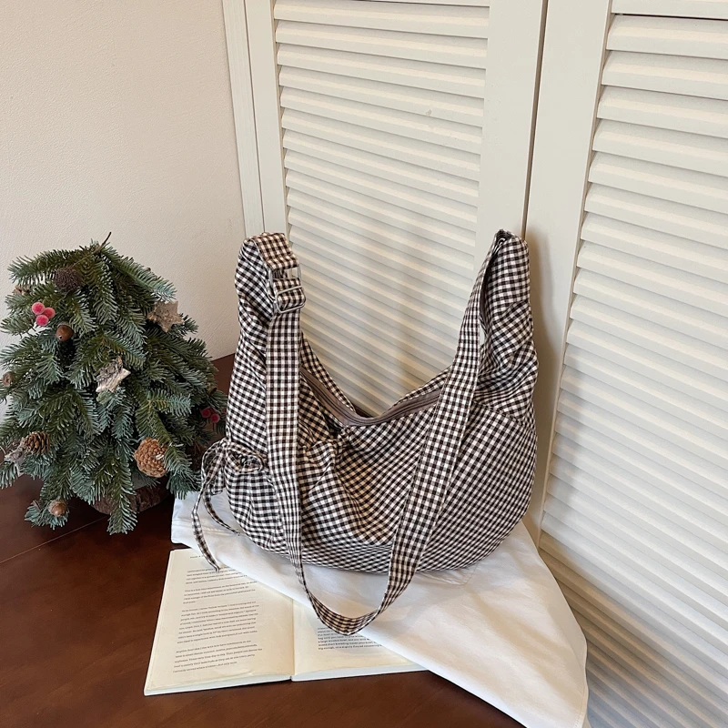 Gingham Check Fabric Hobo Crossbody Bag Women Drawstring Ruched Adjustable Strap Casual Daily Single Shoulder Ladies Purse