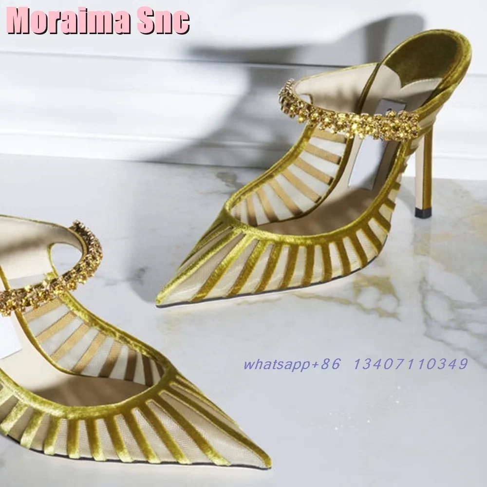 Pointed Toe Crystal Detailing Slippers Fashion Mesh Shallow Stiletto High Heels Luxury Sexy Women\'s Summer Shoes Sandals Banquet