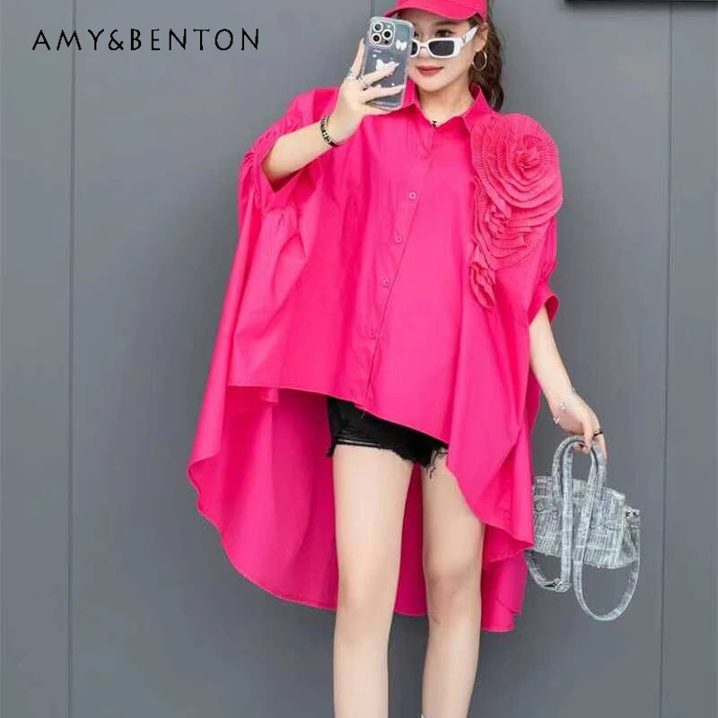 

Fashion Socialite Style Irregular Loose Batwing Sleeved Personality Three-Dimensional Big Flower Age-Reducing Shirt Dress Blouse