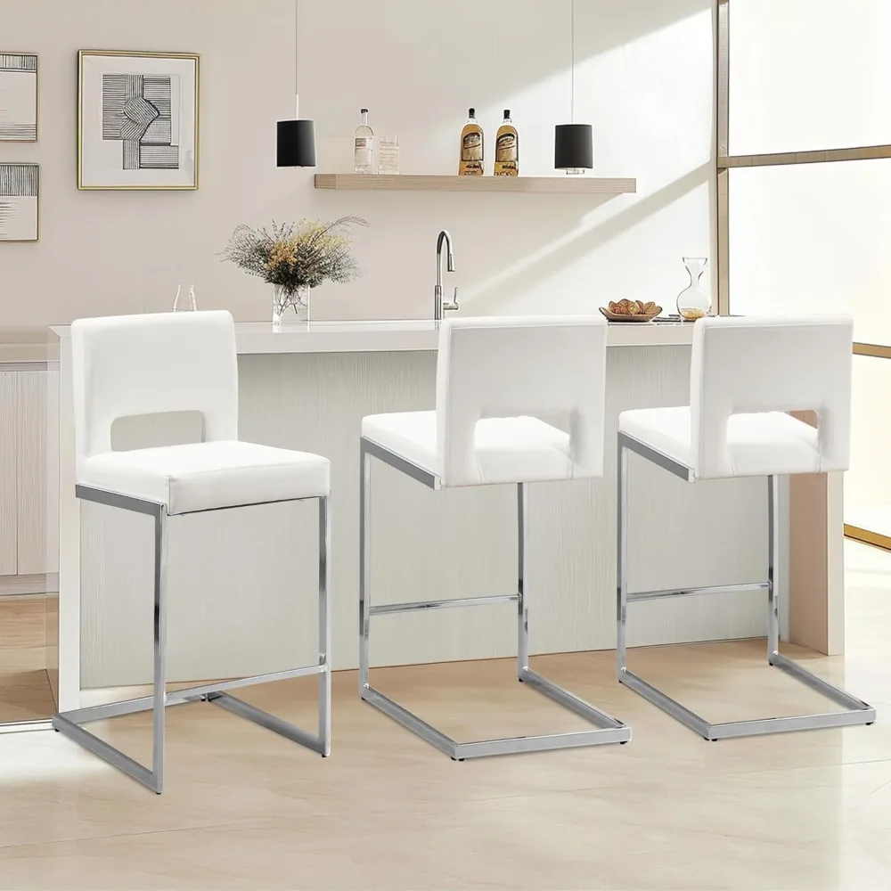 Counter Height Bar Stools Set of 3, Modern Counter Stools PU Leather Barstools with Hollow Back, 26