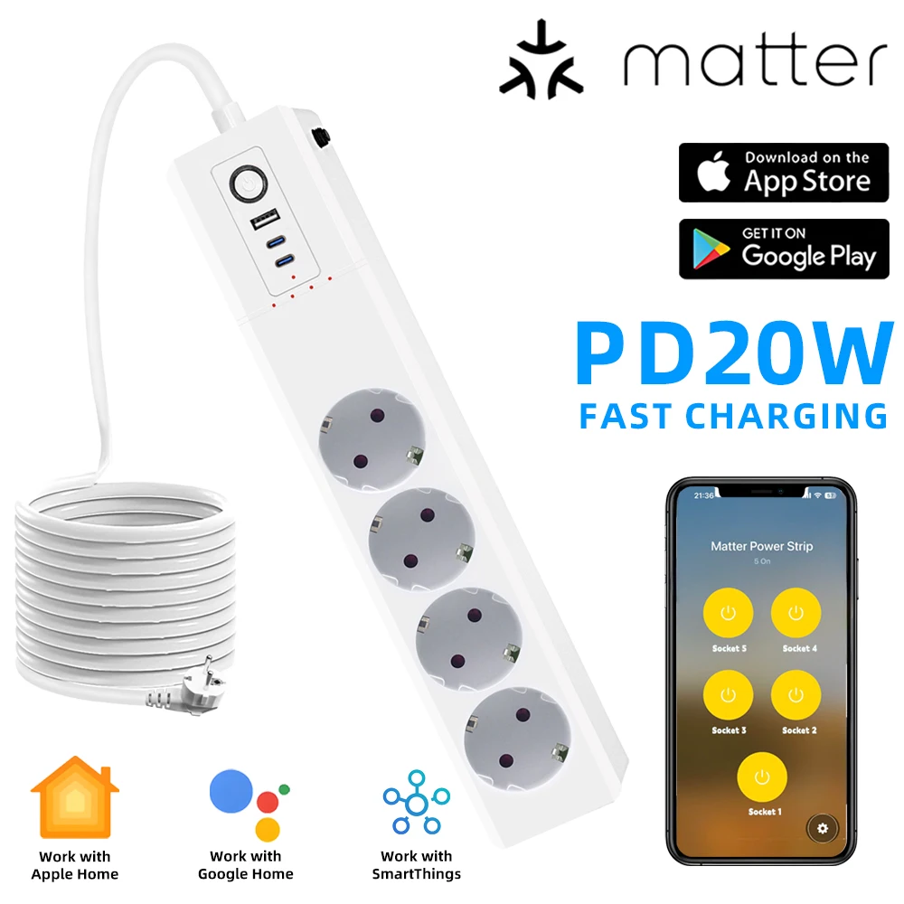 Умная сетевая розетка EU Matter с 1 USB и 2 портами Type-C PD20W для быстрой зарядки, защита от перегрузки, управление голосом через Siri и Google, таймер