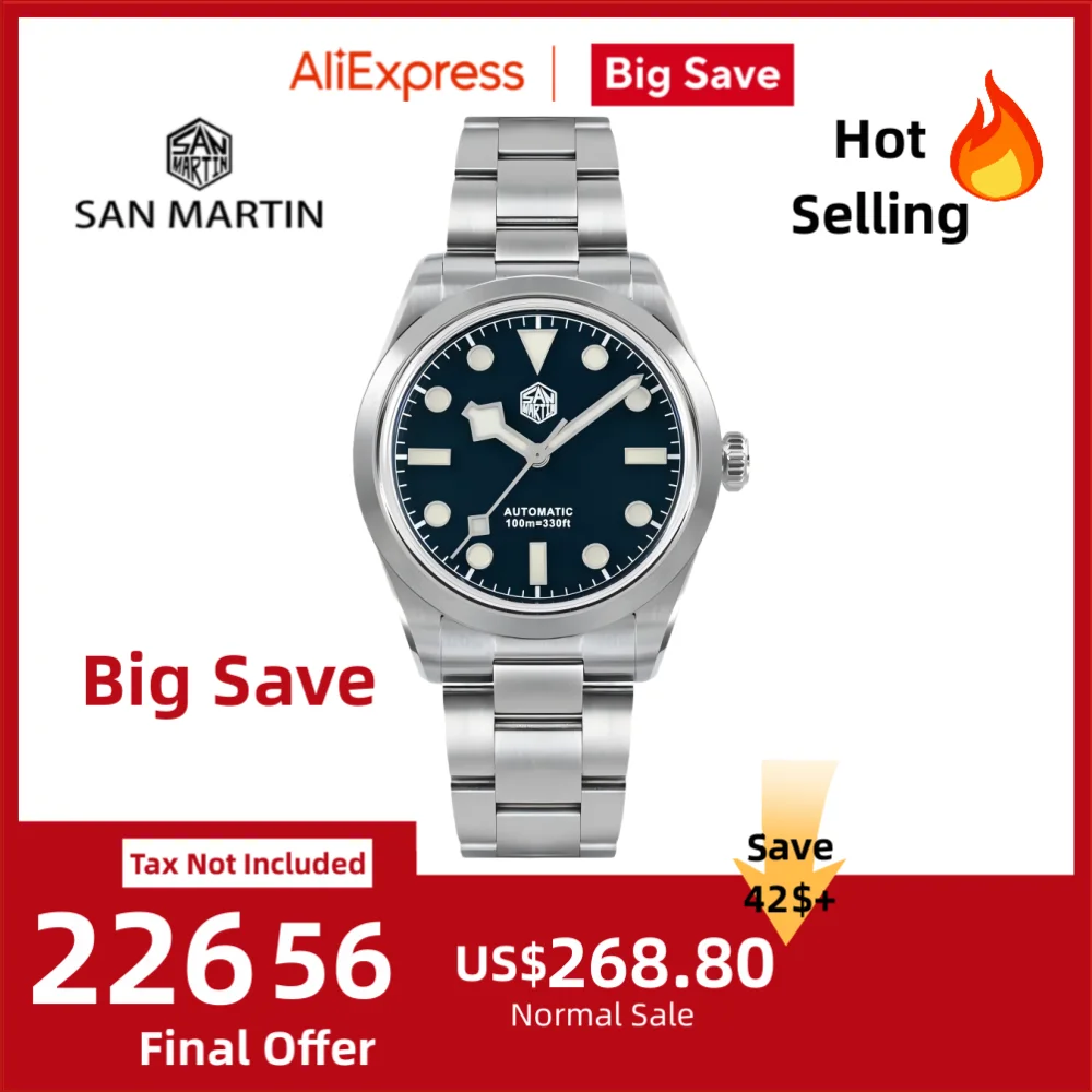 Reloj San Martin de 38mm para explorar para hombre NH35, reloj de pulsera deportivo mecánico automático, nueva pulsera de BGW-9, SN0107-3/4 resistente al agua 100M