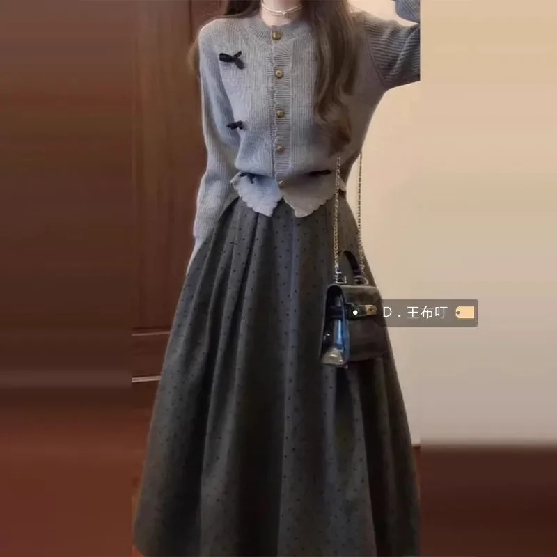 

Long Skirt Set Bow Grey Cardigan Sweater Polo Dot Skirt Two-piece Set High-end Women's Clothing