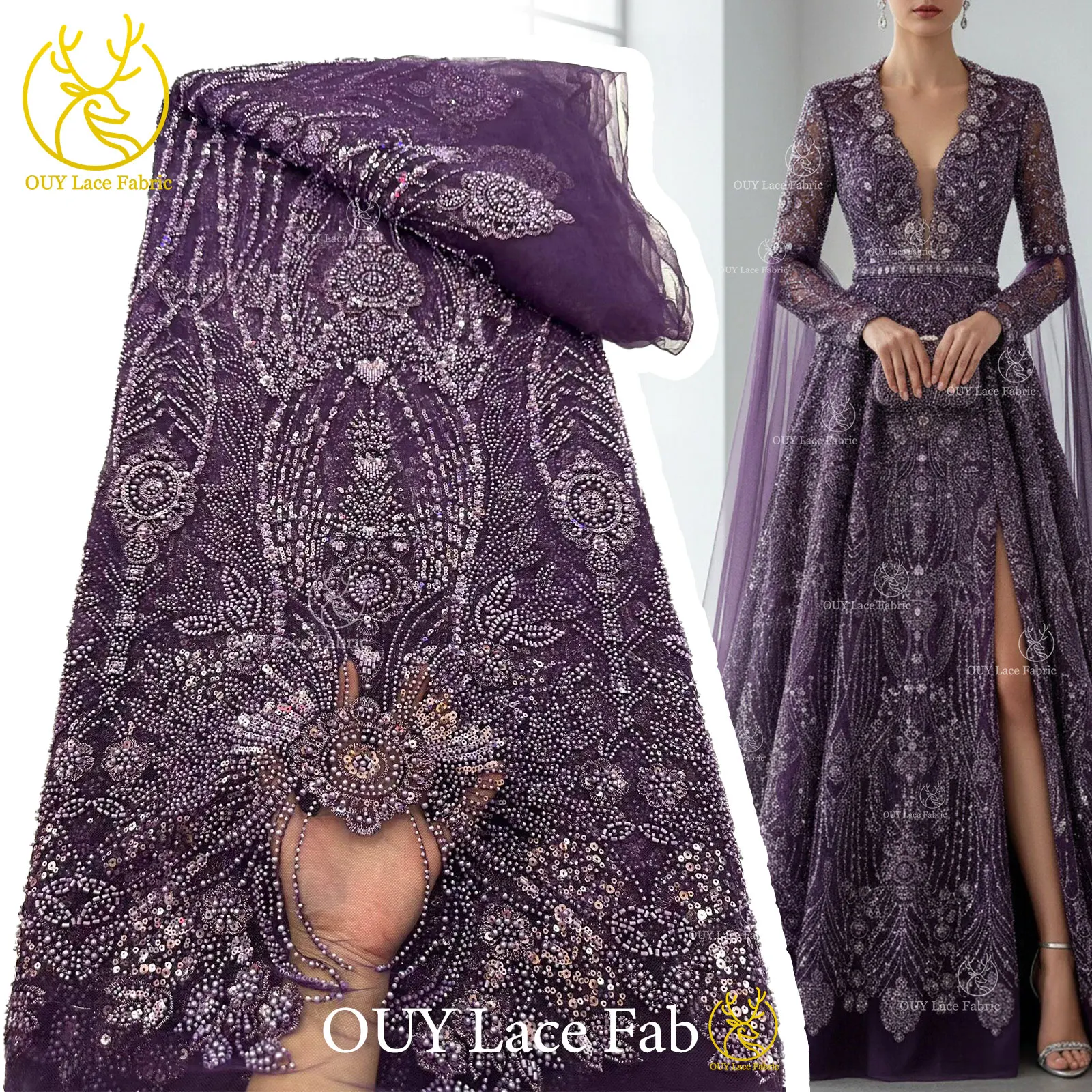 

Grape Purple African Groom Beaded Lace Fabric 2026 High Quality Nigerian Sequins Tulle Lace For Wedding Party Dress Sewing